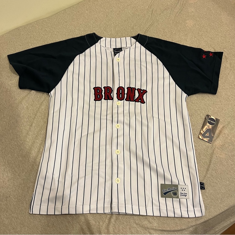 NWT Kids Boys Blue Marlin Baseball Jersey Bronx Blue Stripe Size L Large 14/16